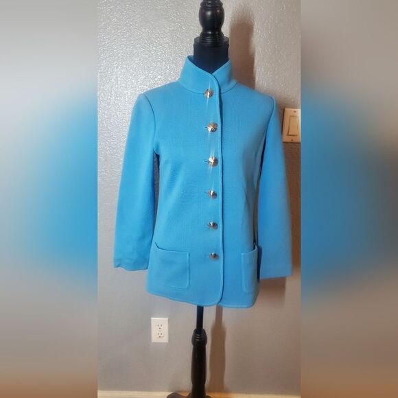 St. John Light Blue 100% Wool Knit Jacket Women’s Classic Open Front Blazer - Picture 3 of 15